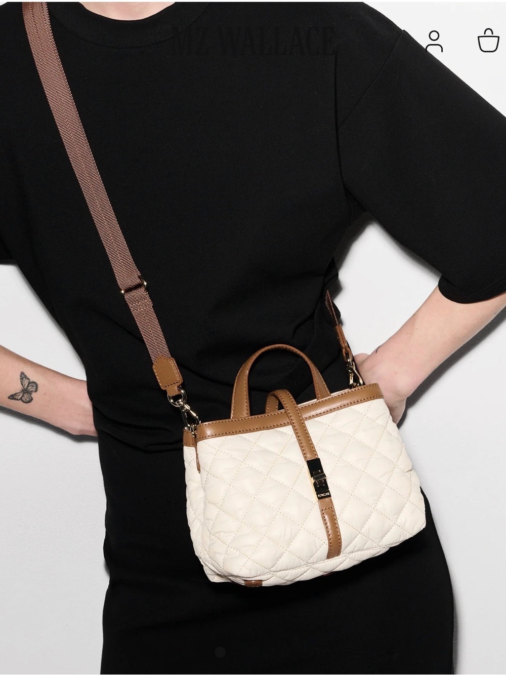 MZ Wallace Cream Quilted Crossbody with Tan Leather Trim